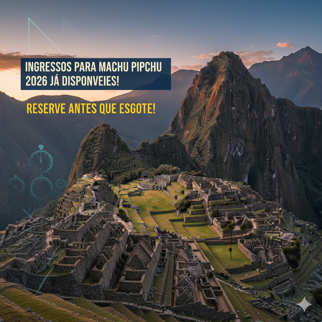 Banner promocional de Machu Picchu com chamada para compra dos ingressos 2026. Imagem foca na urgência de garantir o Circuito 2.