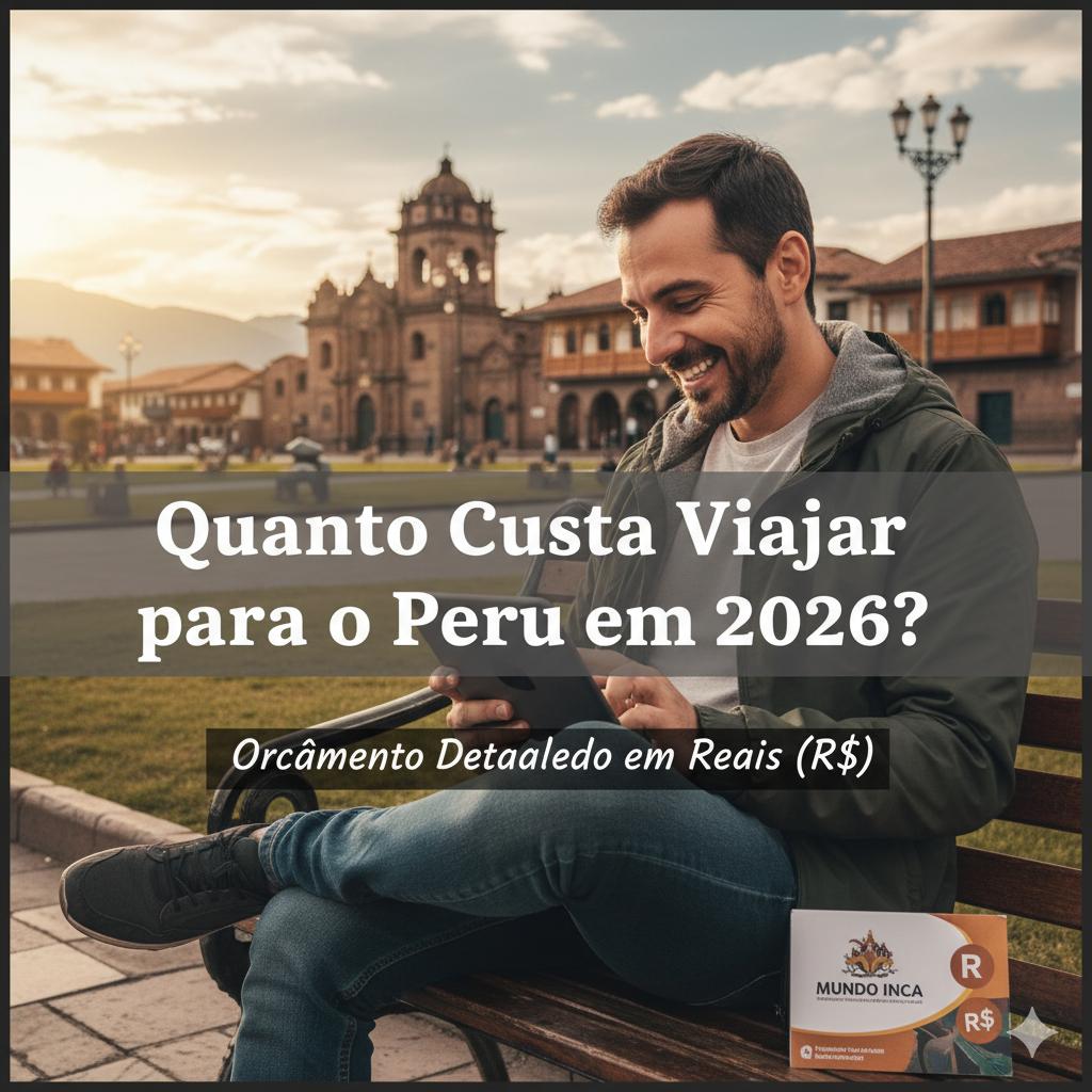 Viajante brasileiro feliz em Cusco, calculando o orçamento em Reais (R$) para sua viagem ao Peru em 2026, com a ajuda da Mundo Inca.