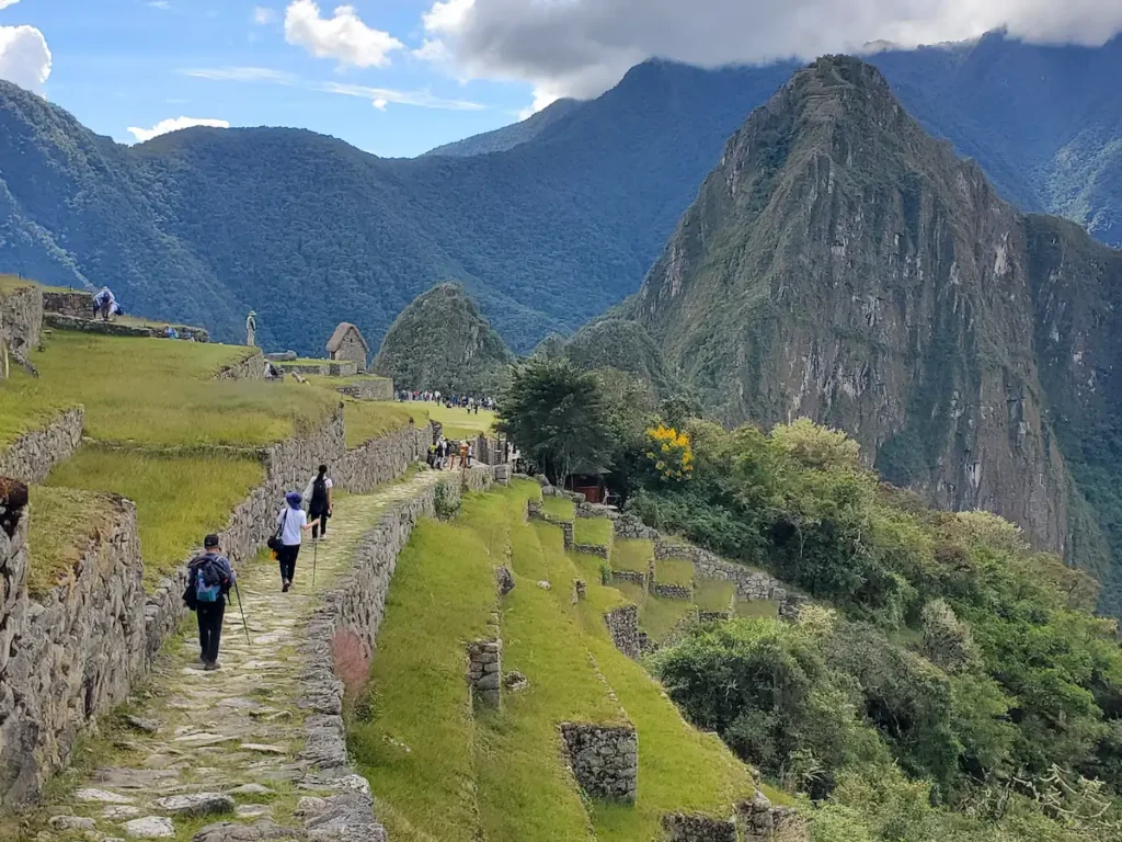 Vista lateral de Machu Picchu destacando la inmensidad de los andenes agrícolas y las montañas circundantes.